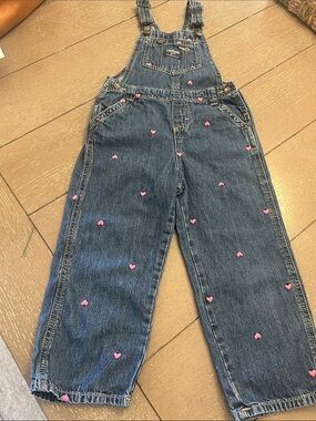 OSH GOSH SZ 4 Toddler Denim Overalls with Pink Heart Embroidery